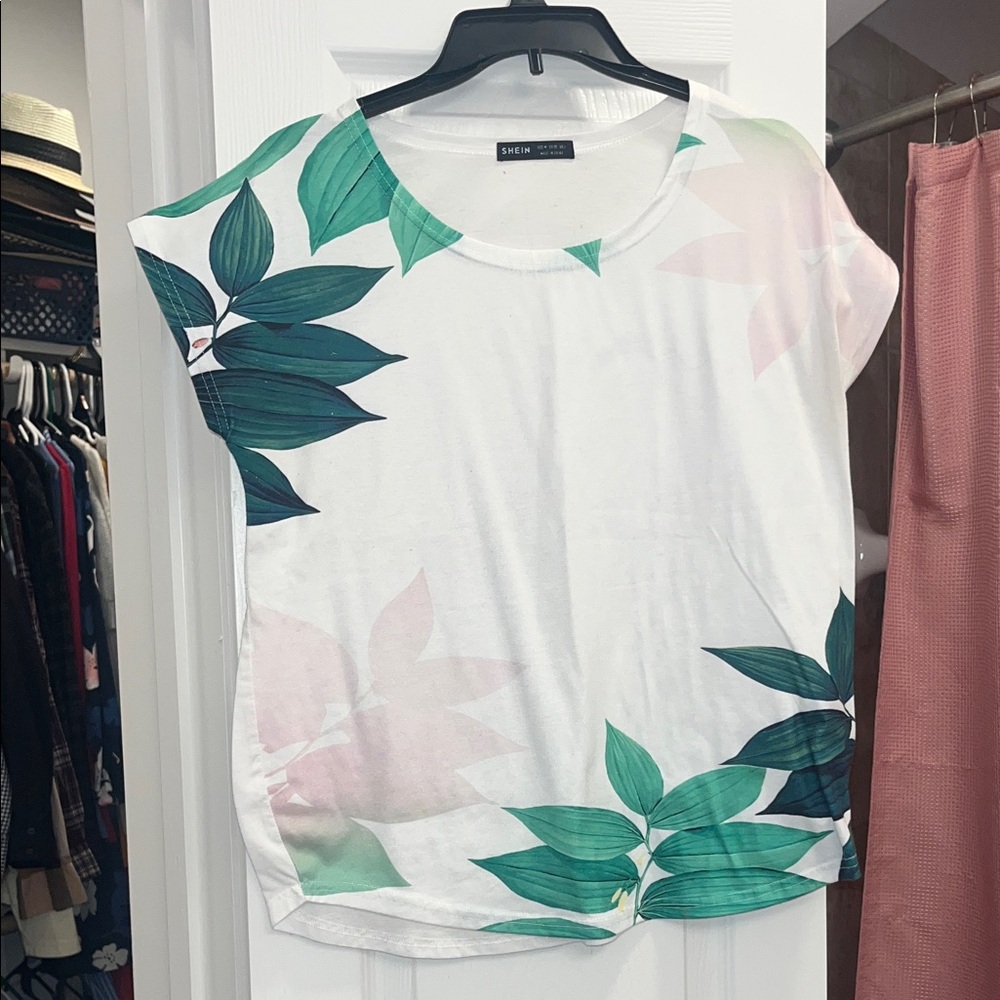 SHEIN White Tee with Green Leaf Print